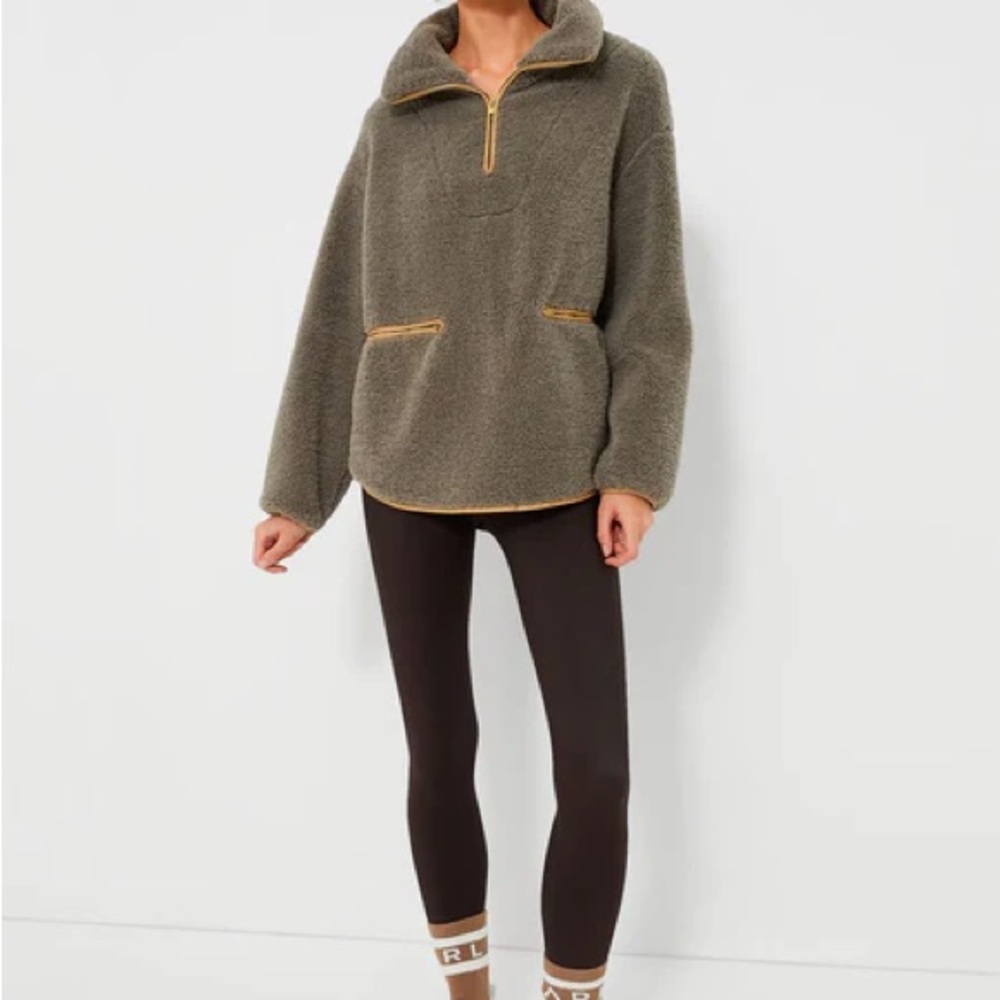 Cozy and chic Olive Fleece Pullover with Faux Leather Trim